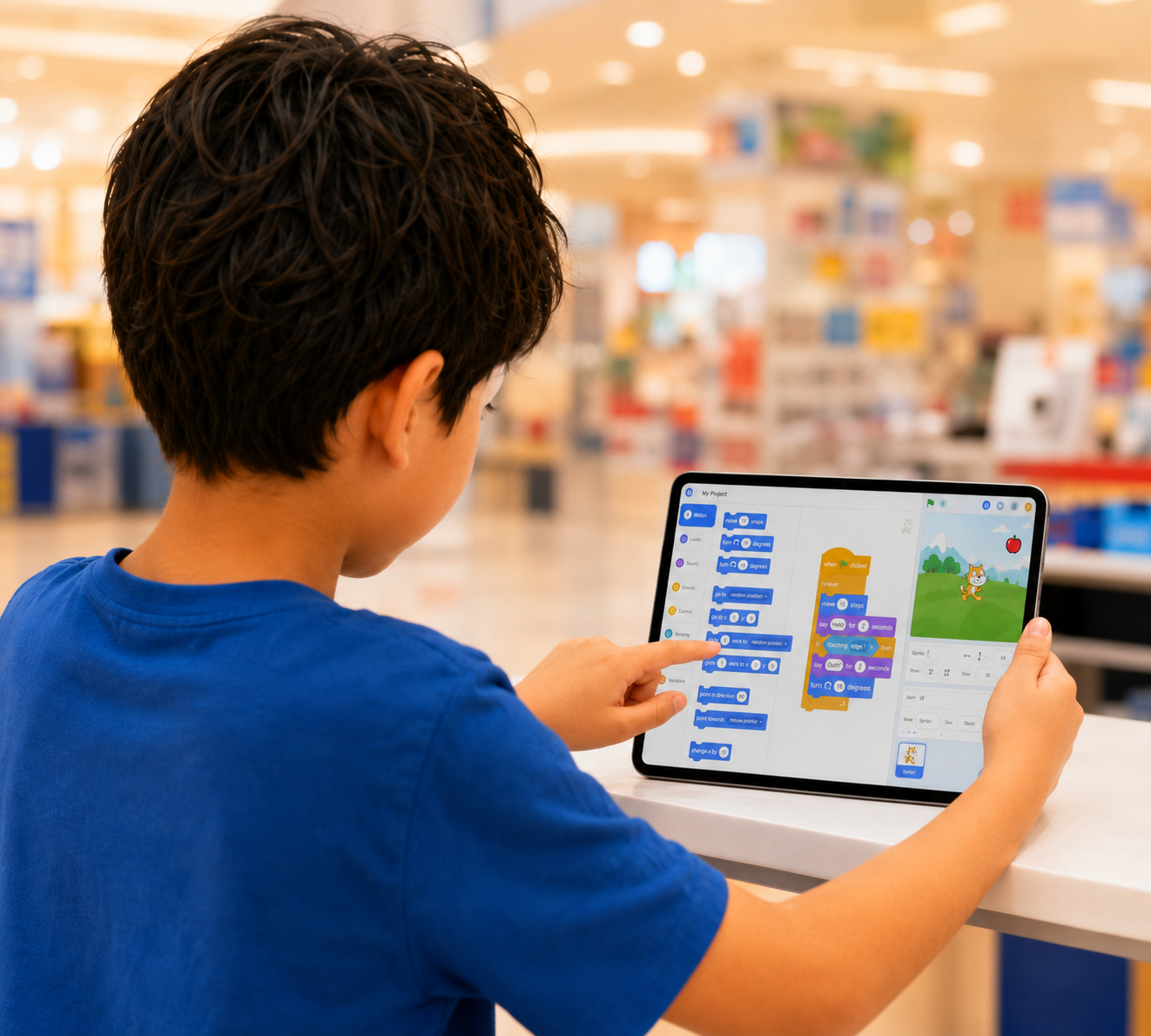 Kid plays on tablet